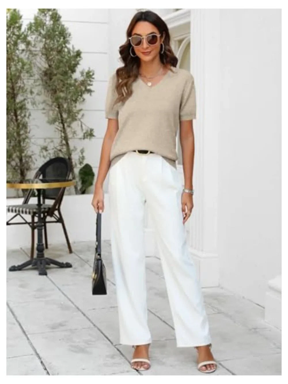 Wool Blend Short Sleeve V-Neck Pullover Sweater Business Casual Top